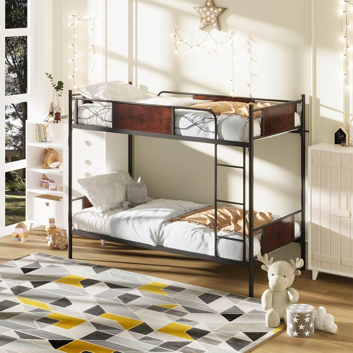 Giantex Metal Bed Frame, 2-in-1 Convertible Bed Single Over Single w/Ladder, Metal Slat Support, 30CM Safety Guardrails, Industrial Bed Frames with Anti-toppling Device, NO Box Spring Needed, Black