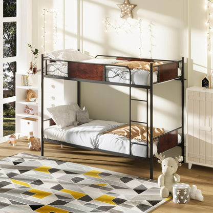 Giantex Metal Bed Frame, 2-in-1 Convertible Bed Single Over Single w/Ladder, Metal Slat Support, 30CM Safety Guardrails, Industrial Bed Frames with Anti-toppling Device, NO Box Spring Needed, Black