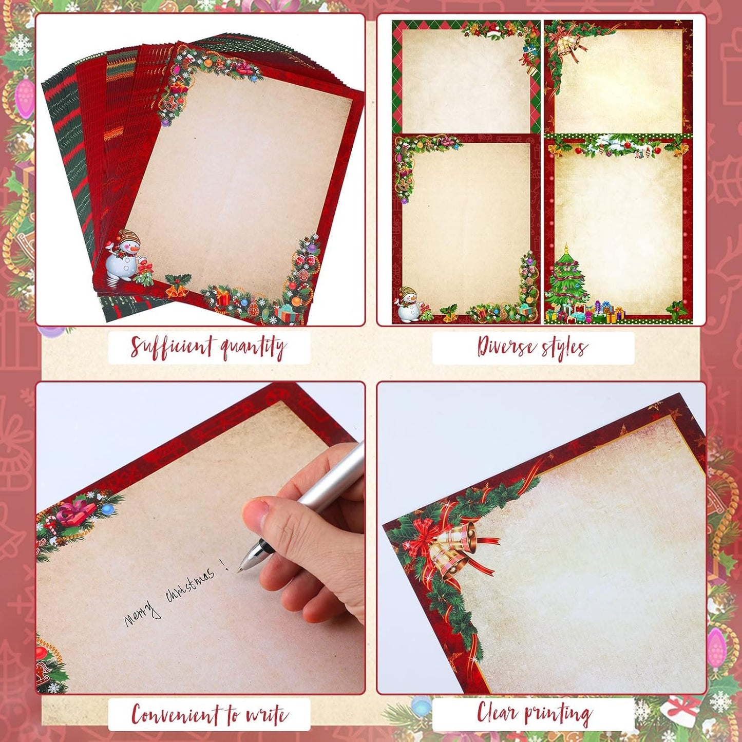 Teling 48 Sheets Christmas Stationery Printer Paper 8.5 x 11'' Letter Writing Paper Holiday Letterhead for Notes Greeting Cards Invitations Office School Printing(Vintage)