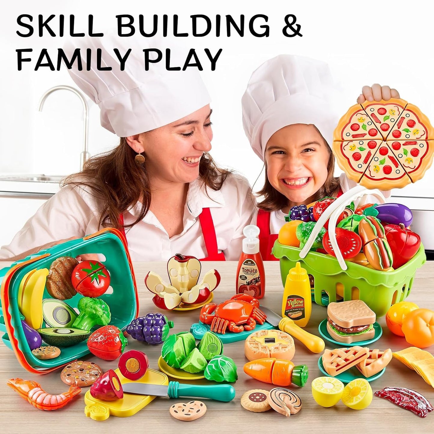 85Pcs Pretend Play Food Sets for Kids Kitchen, Cutting Toy Food with 2 Baskets, Play Kitchen Accessories for Toddlers, Fake Food with Pizza&Veggies&Fruits&Dessert, Kids Kitchen Toys, Boys Girls Gift.