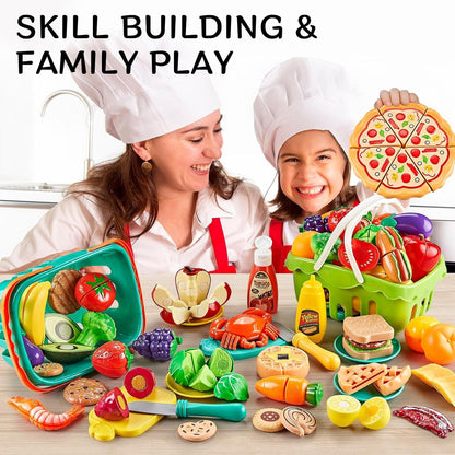 85Pcs Pretend Play Food Sets for Kids Kitchen, Cutting Toy Food with 2 Baskets, Play Kitchen Accessories for Toddlers, Fake Food with Pizza&Veggies&Fruits&Dessert, Kids Kitchen Toys, Boys Girls Gift.