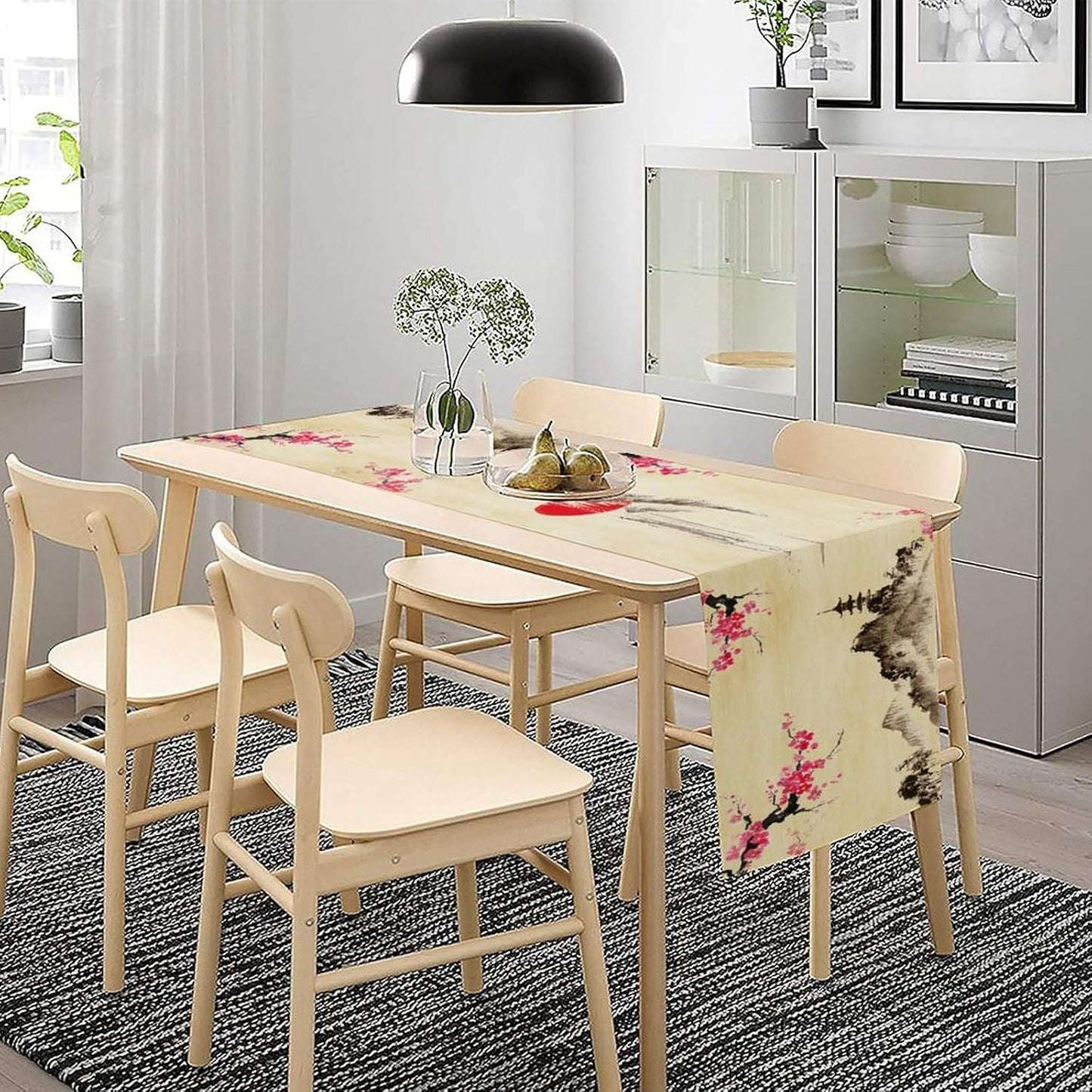 Japanese Cherry Blossom Table Runner Retro Spring Landscape Mountain Plum Floral Tabletop Decor Cover for Holiday Dining Room Party 13x120 Inch