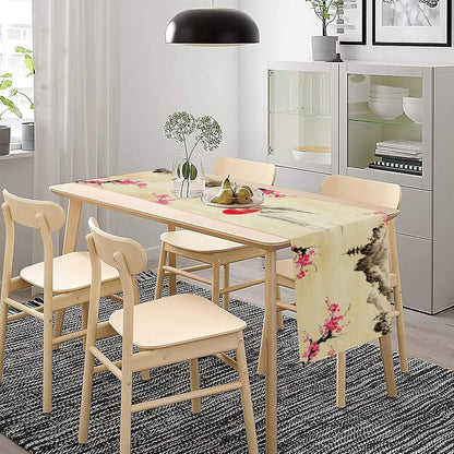 Japanese Cherry Blossom Table Runner Retro Spring Landscape Mountain Plum Floral Tabletop Decor Cover for Holiday Dining Room Party 13x120 Inch