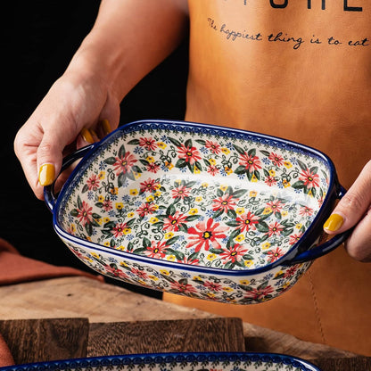 ONECCI Baking Dish Ceramic Baking Pan Blue Casserole Dish Rectangular Baking Set 2pcs Bakeware Sets Lasagna Pan Baking Dishes for oven (Exotic Daisy)