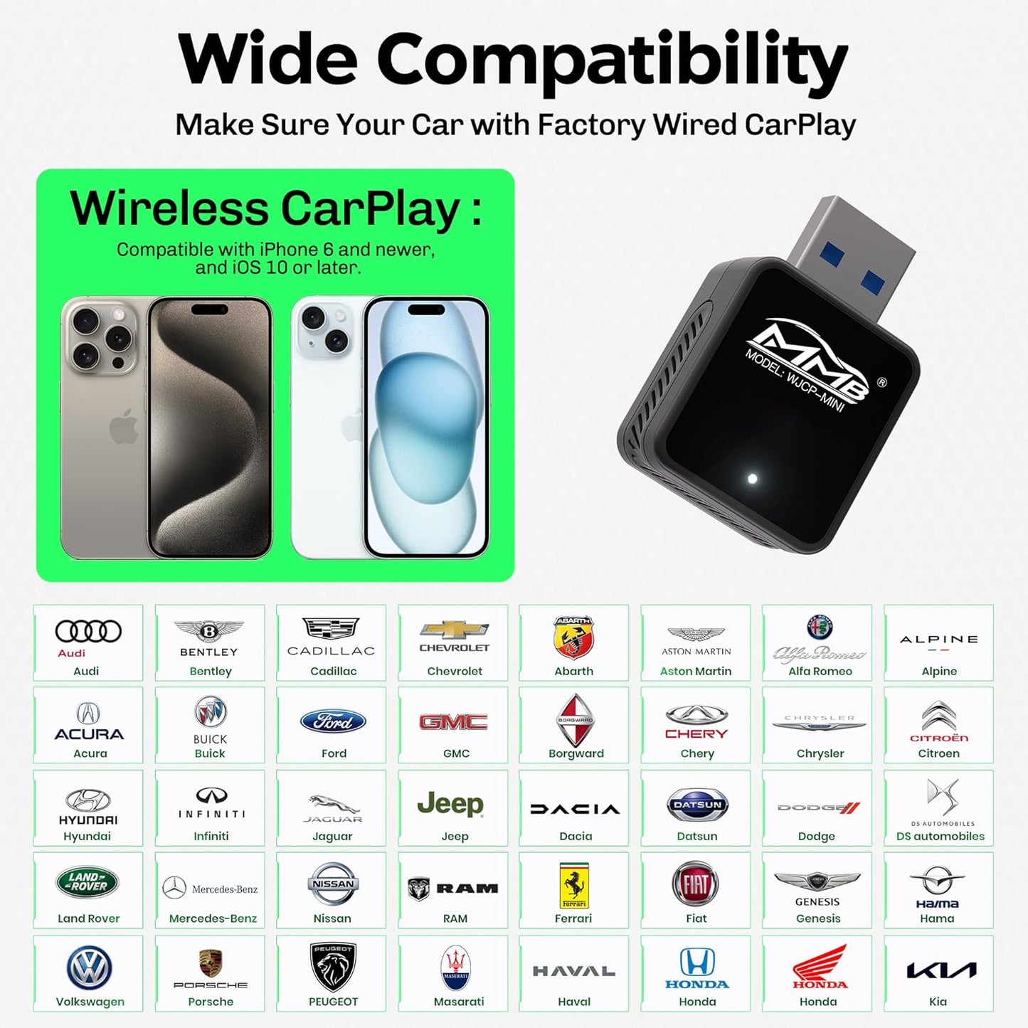 MMB WJCP-MINI CarPlay 2024 Wireless Upgrade Adapter CarPlay Adapter Dongle, Converts Factory Wired CarPlay to Plug and Wireless Gaming, with Car CarPlay and iOS 10+