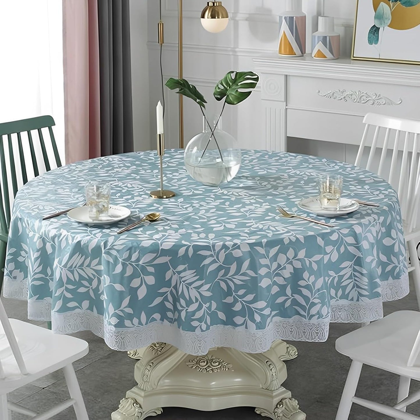 Round Tablecloth with Polyester Backing Oil Proof Table Cloth Waterproof Tablecloths Stain Resistant Non Washable PVC Table Cover for Kitchen Dining Party Tabletop Christmas Picnic (Small Leaf)