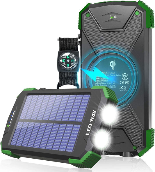 Solar Power Bank, Solar Charger 10000mAh QI Wireless Charger Portable External Battery Pack, Solar Panel Charging with Compass Dual Flashlight Outdoor Camping(Green)