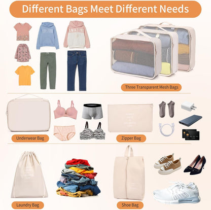 SUPERBE Luggage Organizer, Set of 7 Waterproof Packing Cubes for Travel, Shoes, Underwear - Travel Set (Beige)