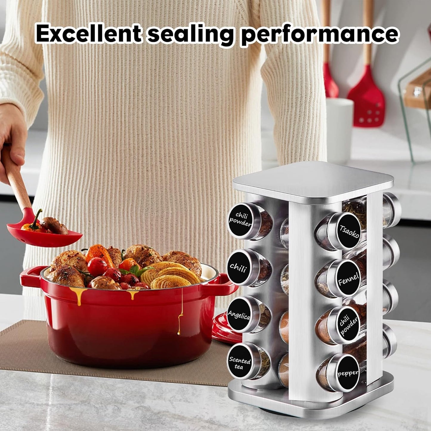 Countertop Revolving Spice Rack, 16-Jars Stainless Steel Spice Rack Organizer, Square Carousel Spice Rack Tower, Seasoning Storage Organization for Kitchen Home Dried Herbs