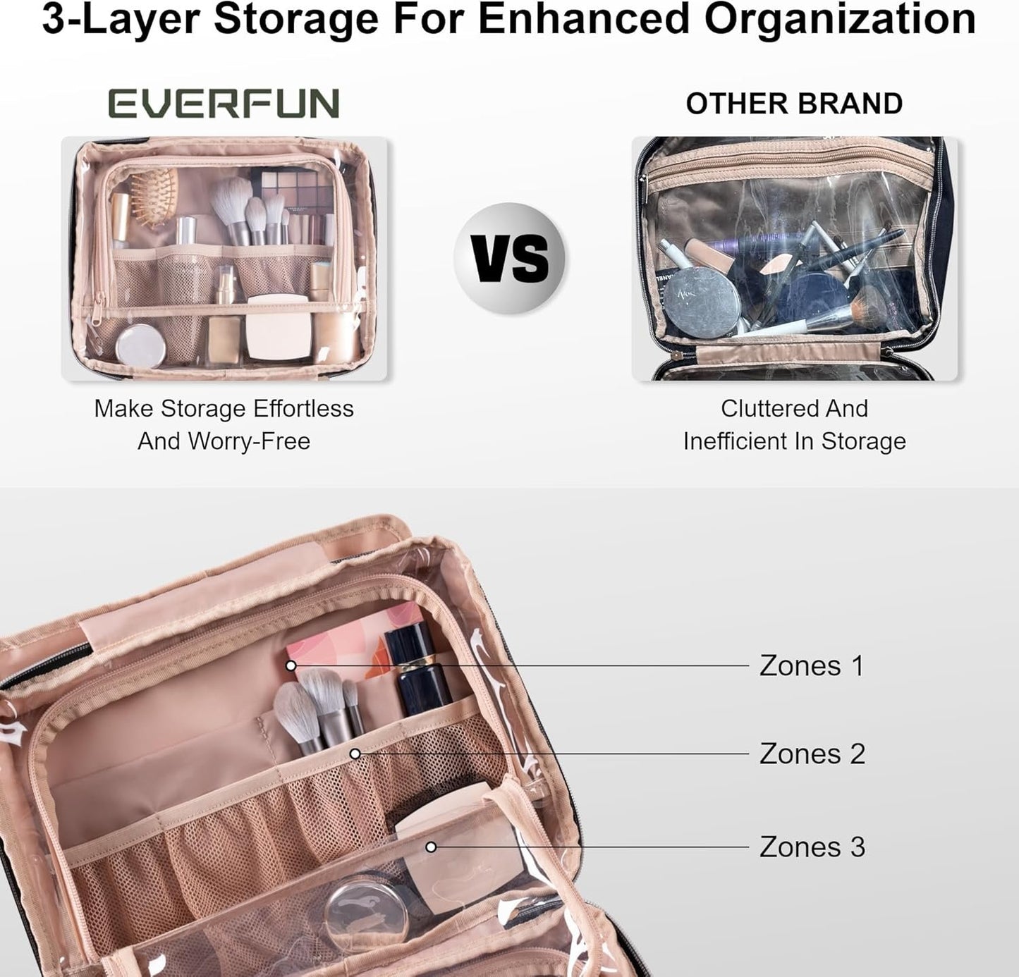 Everfun Hanging Travel Toiletry Bag for Women Traveling with Leakproof Compartment Makeup Cosmetic Organizer Dopp Kit Travel Accessories Essentials Must Have (Pink, Large)