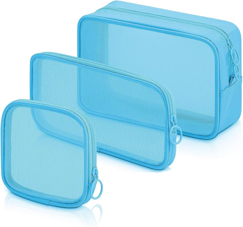 3Pcs Mesh Cosmetic Bag, Mesh Makeup Bag Portable Travel Organizing Pouch Toiletry Bag with Zipper for Home Office Travel Accessories,3 Sizes, Blue, Mesh Makeup Bag With Zipper