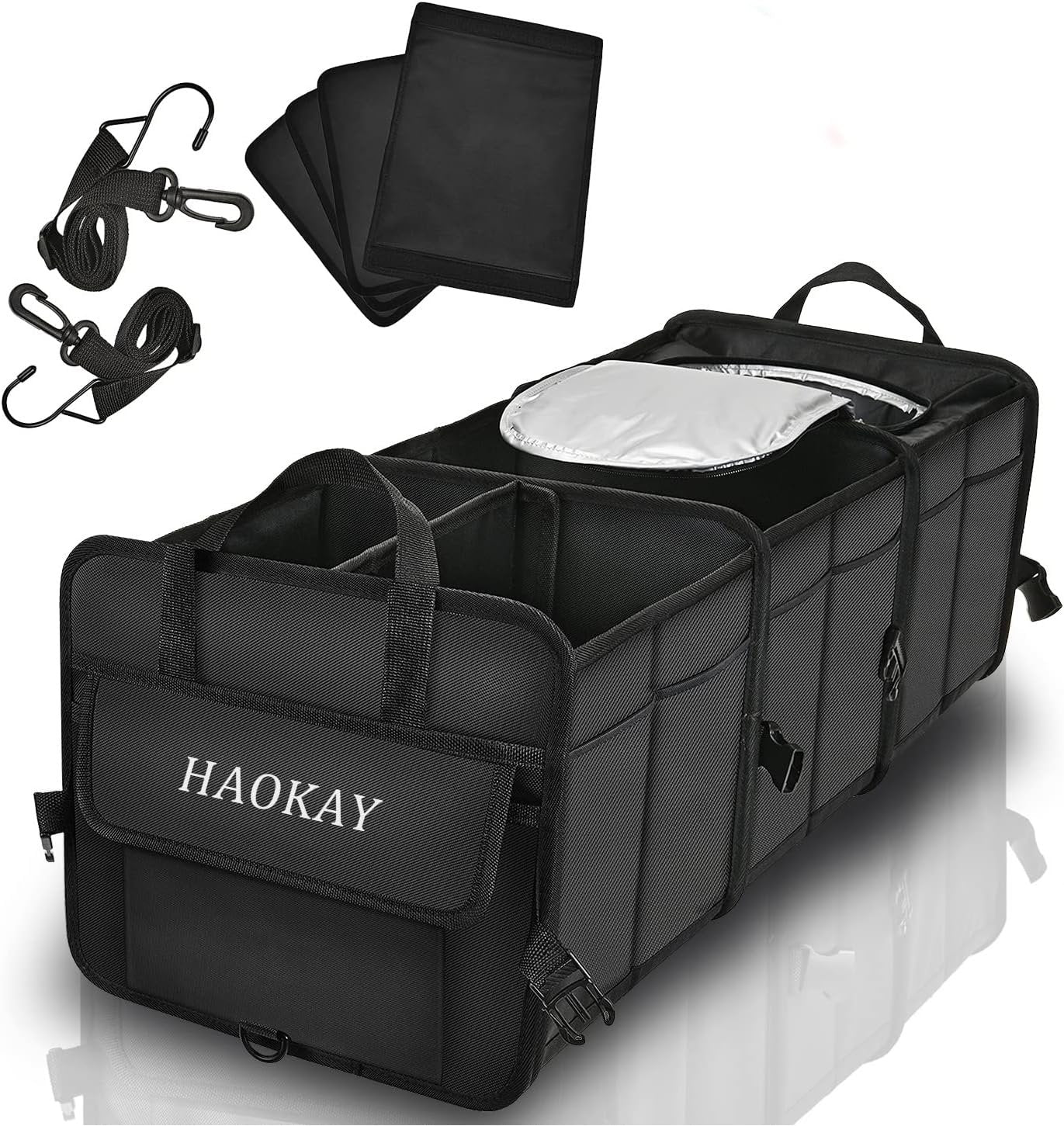 HAOKAY Durable Car Trunk Organizer with Premium insulation cooler bag,Sturdy Collapsible Trunk Storage Organizer, Multi Compartments with Reflective Strip