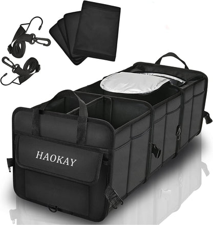 HAOKAY Durable Car Trunk Organizer with Premium insulation cooler bag,Sturdy Collapsible Trunk Storage Organizer, Multi Compartments with Reflective Strip