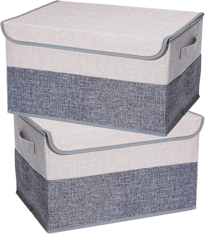 TOJUNE 2 Pack Foldable Storage Box with Lids and Handles, L40 x W28 x H26 cm, Linen Organizers, Clothes Organizers Basket, Capacity 29 L (Grey+ Beige)