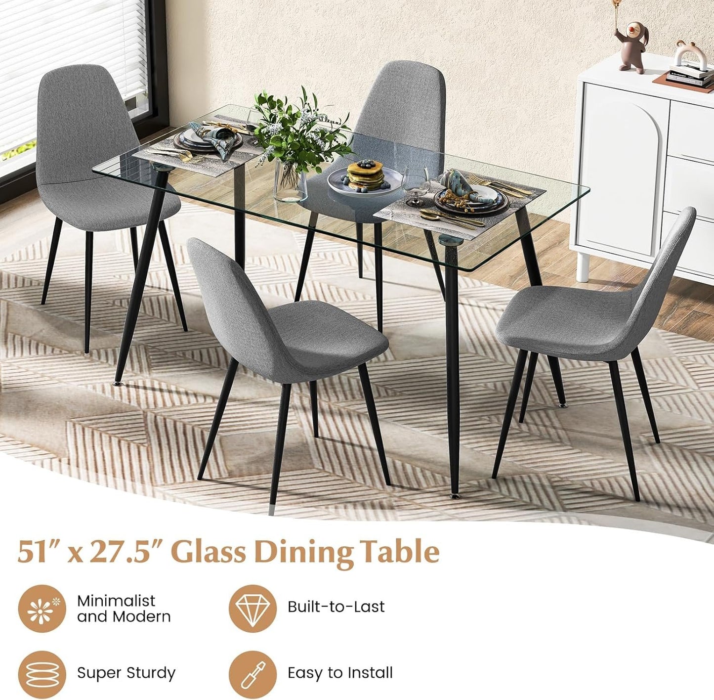 Tangkula Glass Dining Table for 4, 51" Modern Rectangular Table with Spacious Tempered Glass Tabletop & Wood Grain Steel Legs, Simplistic Kitchen Table, Versatile Table for Home Office