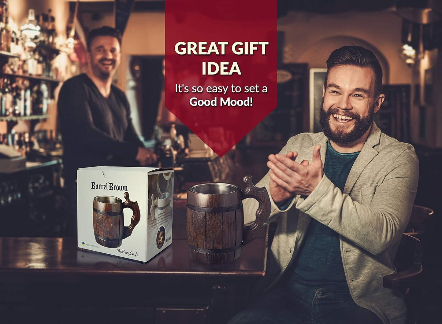 Handmade Oak Wood Beer Mug Stainless Steel Mug Natural and Eco-Friendly 0.6L 20oz Barrel Brown