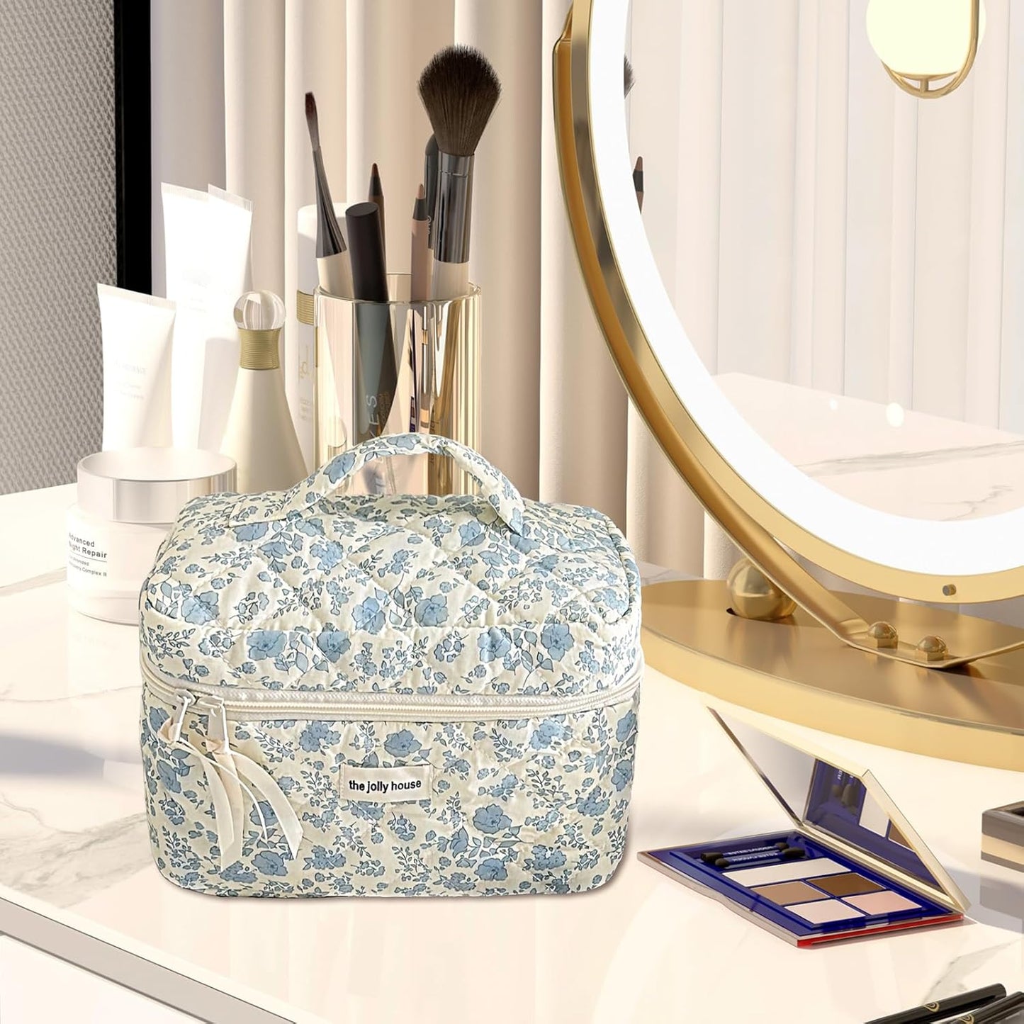 YSHIGUING Makeup Bag,Portable Cotton Quilted Cosmetic Bag,Travel Toiletry Bag,Large Capacity Cosmetic Bags,Essenitial for Women,Cute Toiletry Pouch Tote Purse for Toiletries Accessories Brushes