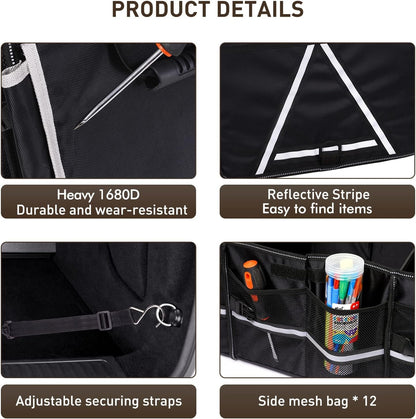 HIRALIY 4 in 1 Car Trunk Storage Organizer, Multi Compartment Collapsible Trunk Storage Box with Leakproof Insulated Bag for Car Truck SUV