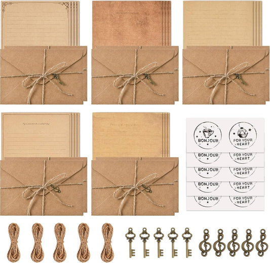 OFNMY 5 Sets of Vintage Stationary Paper + Envelopes, Writing Stationery Paper Letter Set - 20 Sheets of Vintage Letter Papers, 10 envelopes, 10 Hemp Ropes, 10 Classic Key, 10 Sealing Stickers