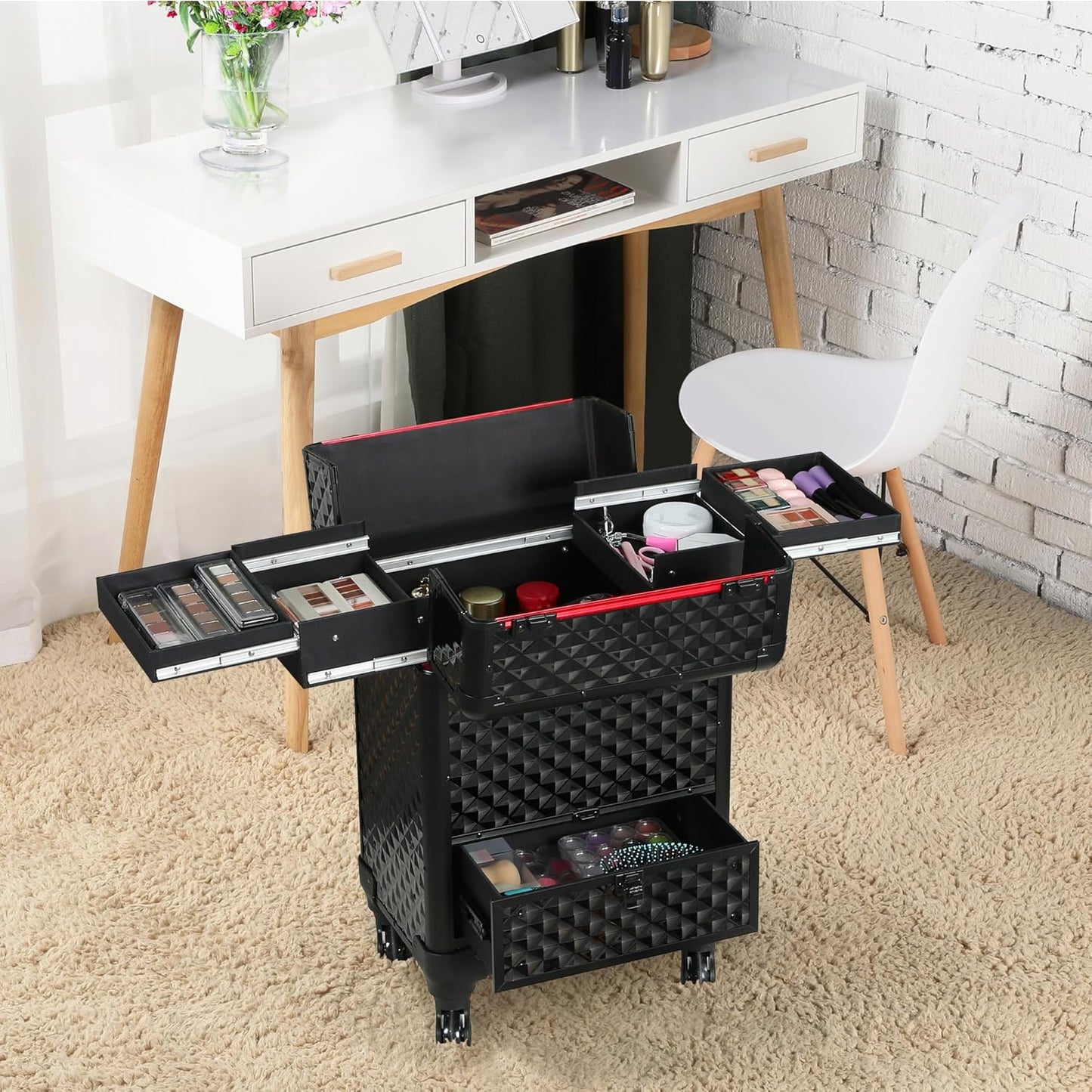 Yaheetech Professional Makeup Trolley Case 4 Trays Travel Beauty Case for Beautician Black