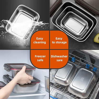 FAB4HOME Leak-proof Stainless Steel Food Storage Container Set of 3 Meal Prep Food Container with Lids Metal Fresh Storage Container for Freezer Oven Dishwasher Safe, 600ml/ 1500ml/ 2900ml Stackable