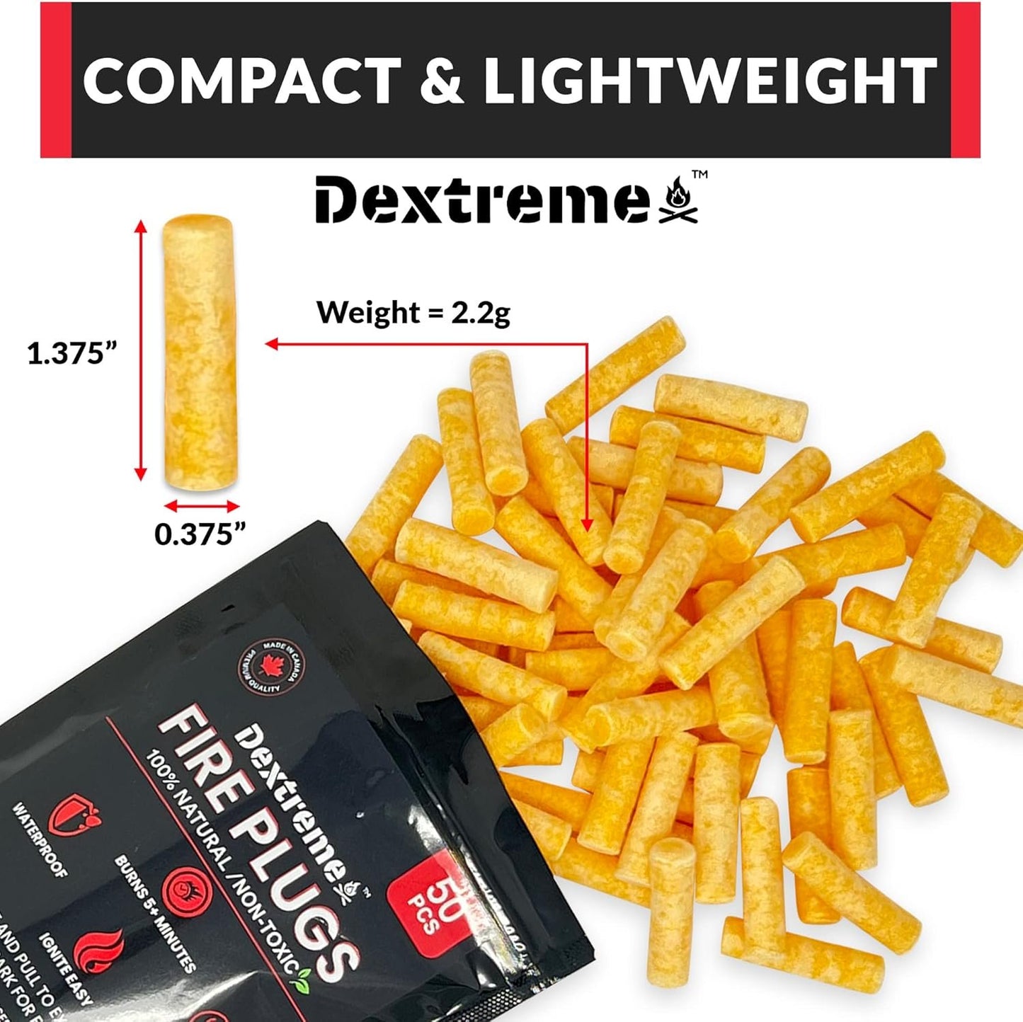 Dextreme Fire Plugs 50 Pcs Weatherproof Fire Starter for Campfires, Emergencies, Survival, Fire Pits, Grills | Can Light 50+ Fires | 5+ Minute Burn | All Natural | Made in Canada