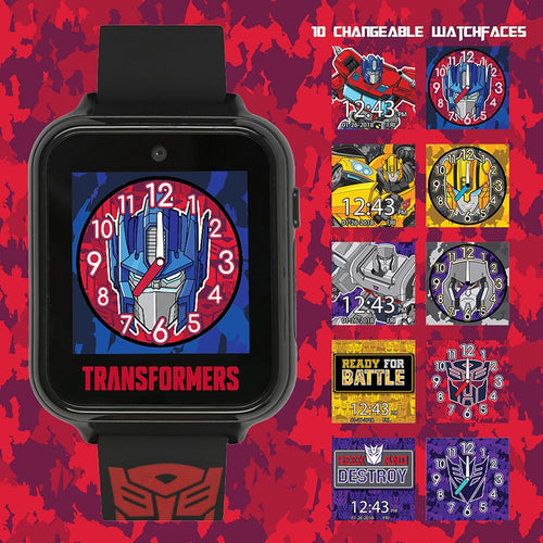 Accutime Transformers Kids Smart Watch with Selfie Camera, 10 Changeable Watch Faces, Pedometer, Playable Games, and More - Fun and Functional Wearable Tech for Boys and Girls, Red, 40mm, Smart Watch