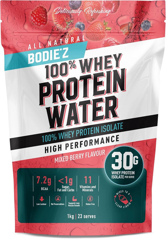 BODIE’Z Whey Protein Water Powder - 30g Protein Per Serve, Less than 1g Sugar Fat and Carbs, 11 Vitamins and Minerals, Supplement for Lean Muscle Growth and Recovery, Mix with Water, 1Kg Mixed Berry