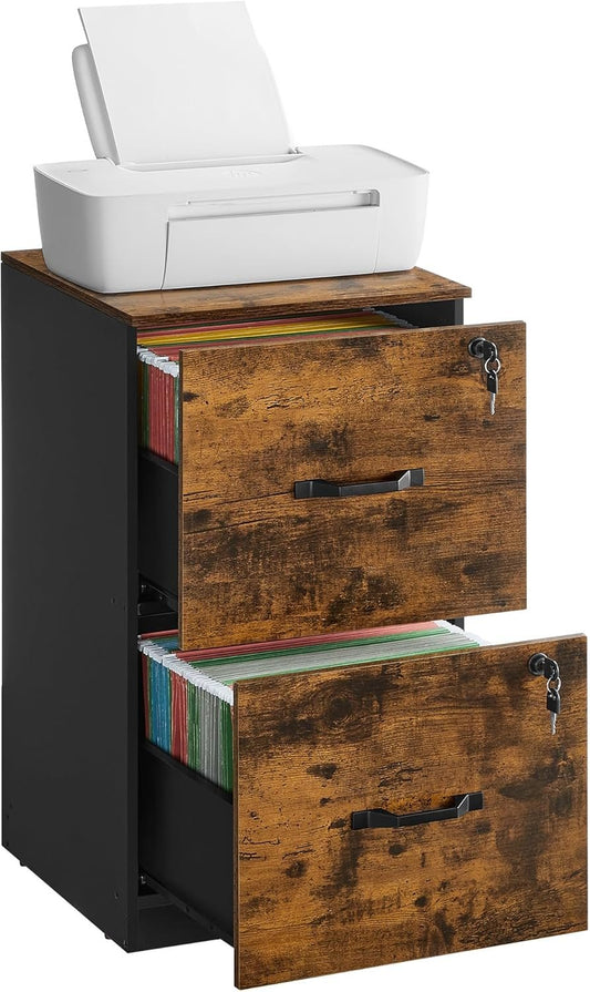 VASAGLE 2 Drawers File Cabinet with Lock, Printer Stand, Office Filing Cabinet Organizer, for A4 and Letter Size Documents, Rustic Brown UOFC061B01