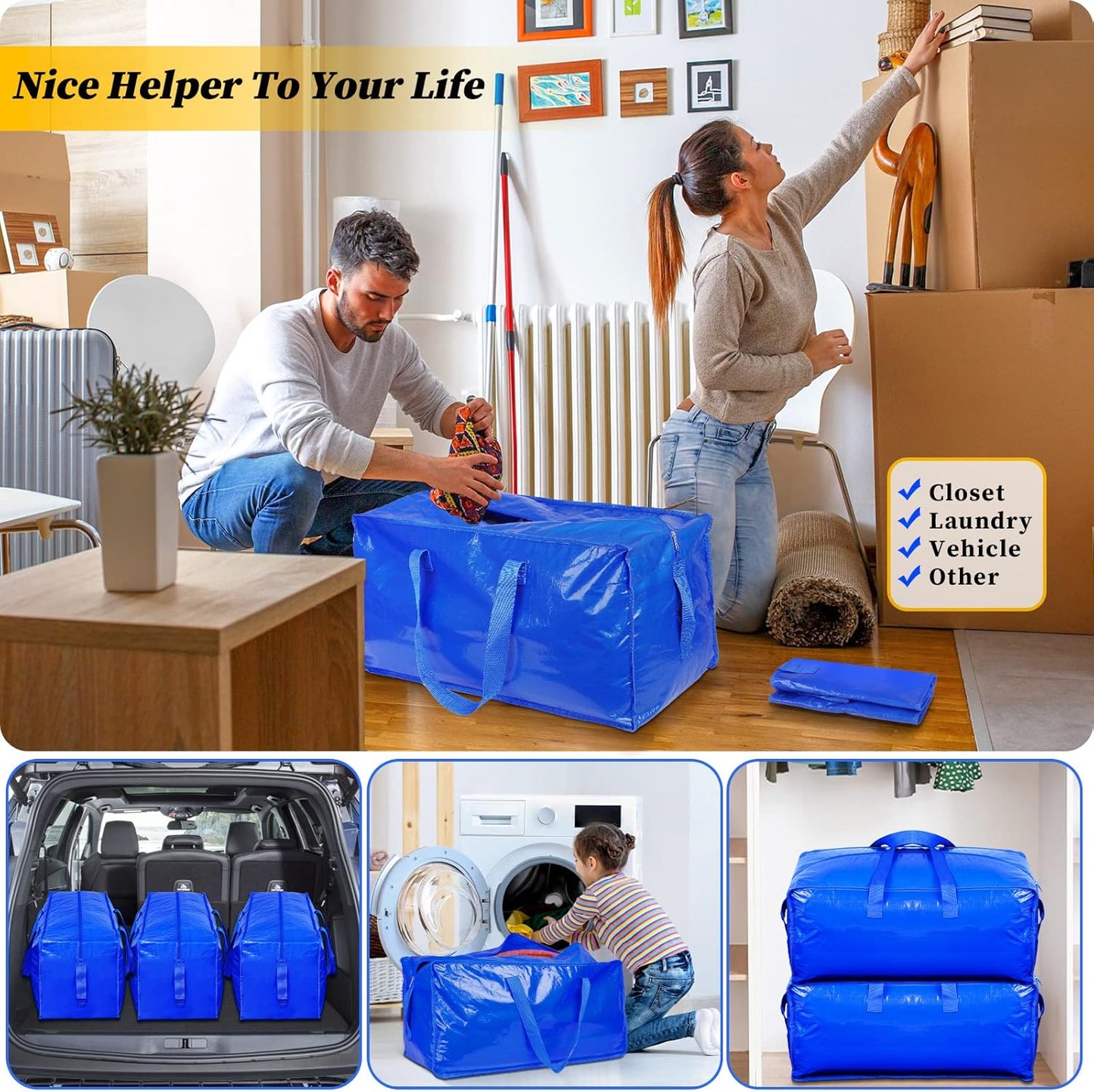 Extra Large Heavy Duty Carry Bags with Backpack Straps, Strong Handles and Zippers, Space Saving Storage Bags, Made of Recycled Material (Blue,Set of 8)