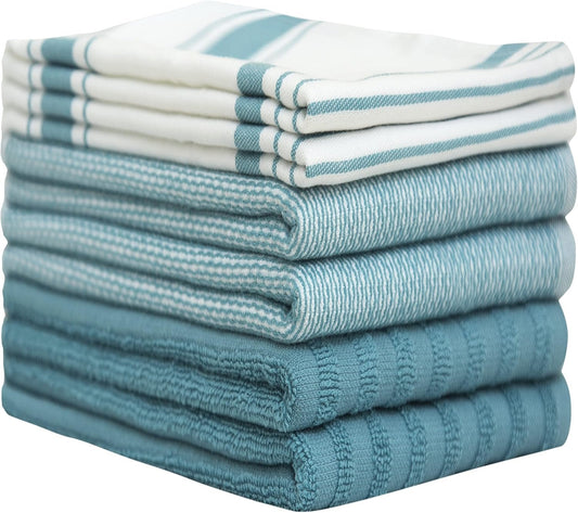 Premium Kitchen Towels 20â€x 28â€- 6 Pack| Large Cotton Kitchen Towels | Hand Towels for Kitchen | Flat & Terry Towel | Dish Towels | Highly Absorbent Tea Towels Set with Hanging Loop | Aqua Striped