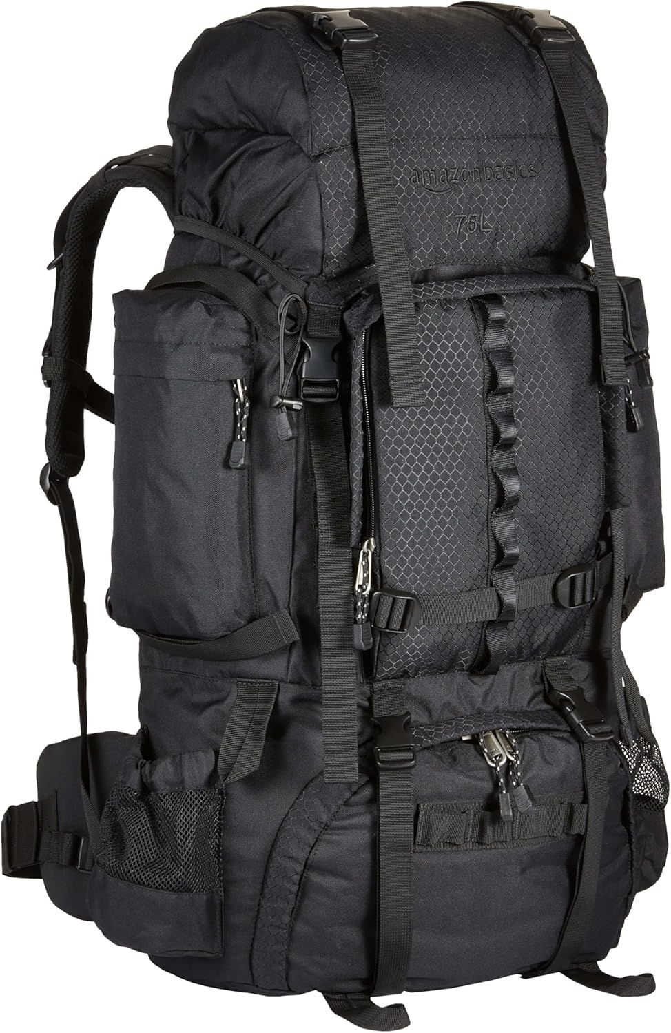 Amazon Basics Internal Frame Hiking Backpack with Rainfly, Rucksack Bag for Men & Women, Large Water Resistant Trekking Hiking Bag Travel Backpack, 75L, Black