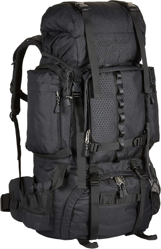Amazon Basics Internal Frame Hiking Backpack with Rainfly, Rucksack Bag for Men & Women, Large Water Resistant Trekking Hiking Bag Travel Backpack, 75L, Black