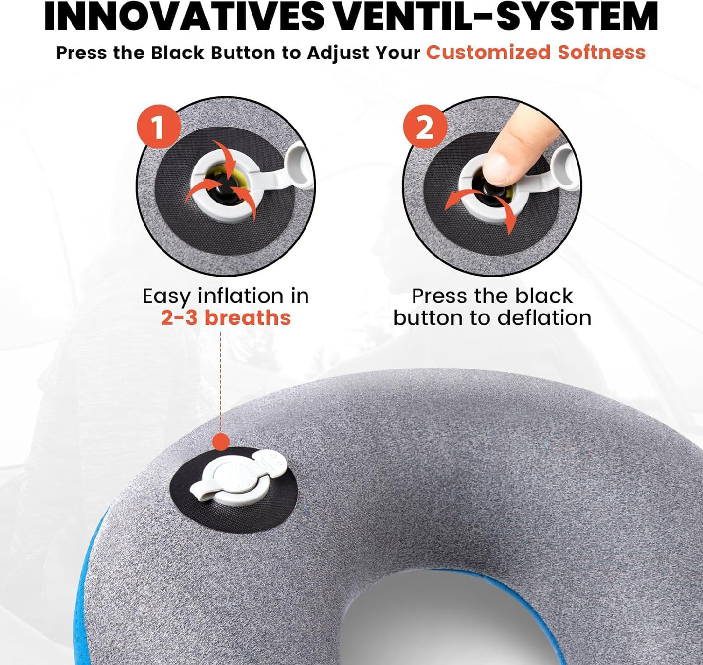 HIKENTURE Travel Pillow, Ultralight Inflatable Neck Pillow, Fully Inflated in 3 Breaths, Ergonomic Travel Neck Pillow for Airplane & Car, Portable Flight Pillow with Adjustable Softness(Blue)