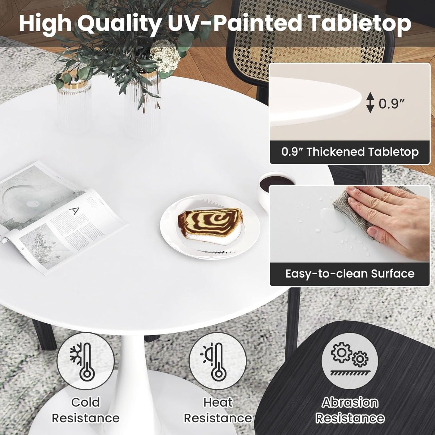SILKYDRY Round Dining Table, 32” Tulip Table with Circular Tabletop & Metal Pedestal, Bistro Table for 2-4 Person, Mid-Century Modern Leisure Table for Home, Office, Cafe, Pub, Easy Assembly (White)