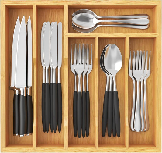 Lifewit Silverware Drawer Organizer Tray, Bamboo Cutlery Storage for Kitchen Drawer, 6 Compartment Flatware and Utensil Holder Divider for Spoons Forks Knives Tableware, Natural