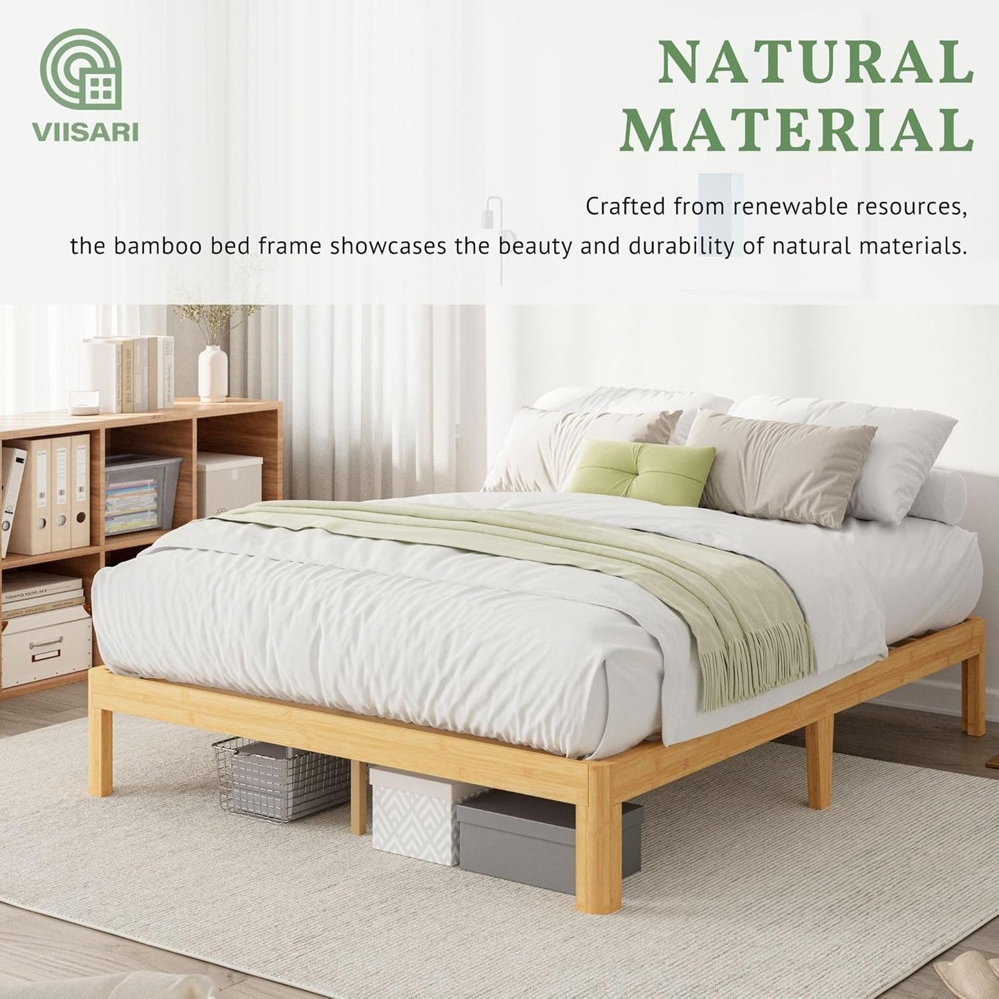 Viisari Bamboo Wood Twin Bed Frame No Box Spring Needed, 10 Inch Twin Platform Bed Frame with Steel Slats, Solid Foundation, Easy to Assembled, Noise-Free