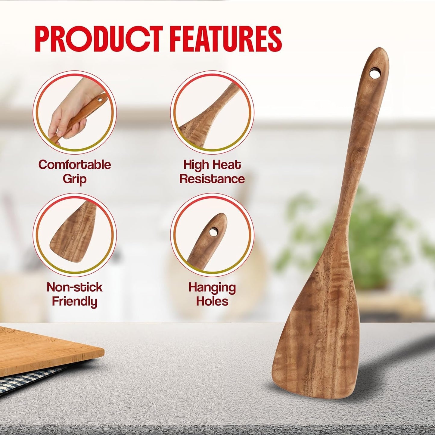 6-Piece Wooden Spoons for Cooking, Acacia Wood Cooking Utensils Set, Kitchen Utensils for Nonstick Pans and Cookware | Wooden Spatulas & Spoons | Heat Resistant, Comfort Grip, Eco-Friendly, Non Toxic