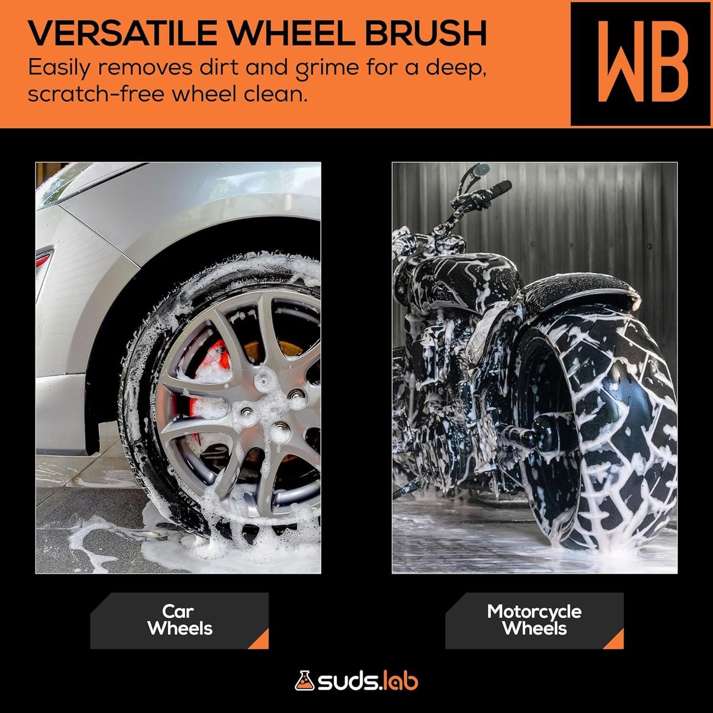 Suds Lab WB Premium Microfiber Wheel Cleaning Brush, Ultra-Soft Scratch-Free Car Detailing Tool for Rims, Tires, and Wheels, Ergonomic Handle, Machine Washable, Safe for All Vehicle Types, Reusable
