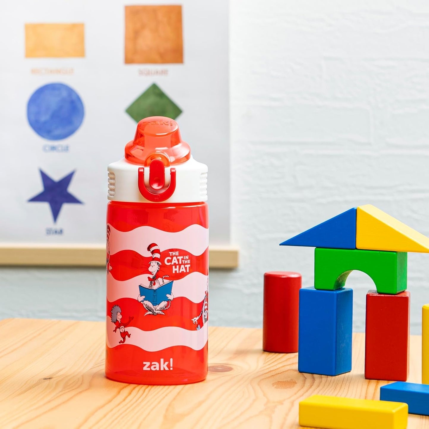 Zak Designs Dr. Seuss Kids Water Bottle For School or Travel, 16oz Durable Plastic Water Bottle With Straw, Handle, and Leak-Proof, Pop-Up Spout Cover (The Cat in the Hat)