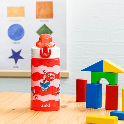 Zak Designs Dr. Seuss Kids Water Bottle For School or Travel, 16oz Durable Plastic Water Bottle With Straw, Handle, and Leak-Proof, Pop-Up Spout Cover (The Cat in the Hat)