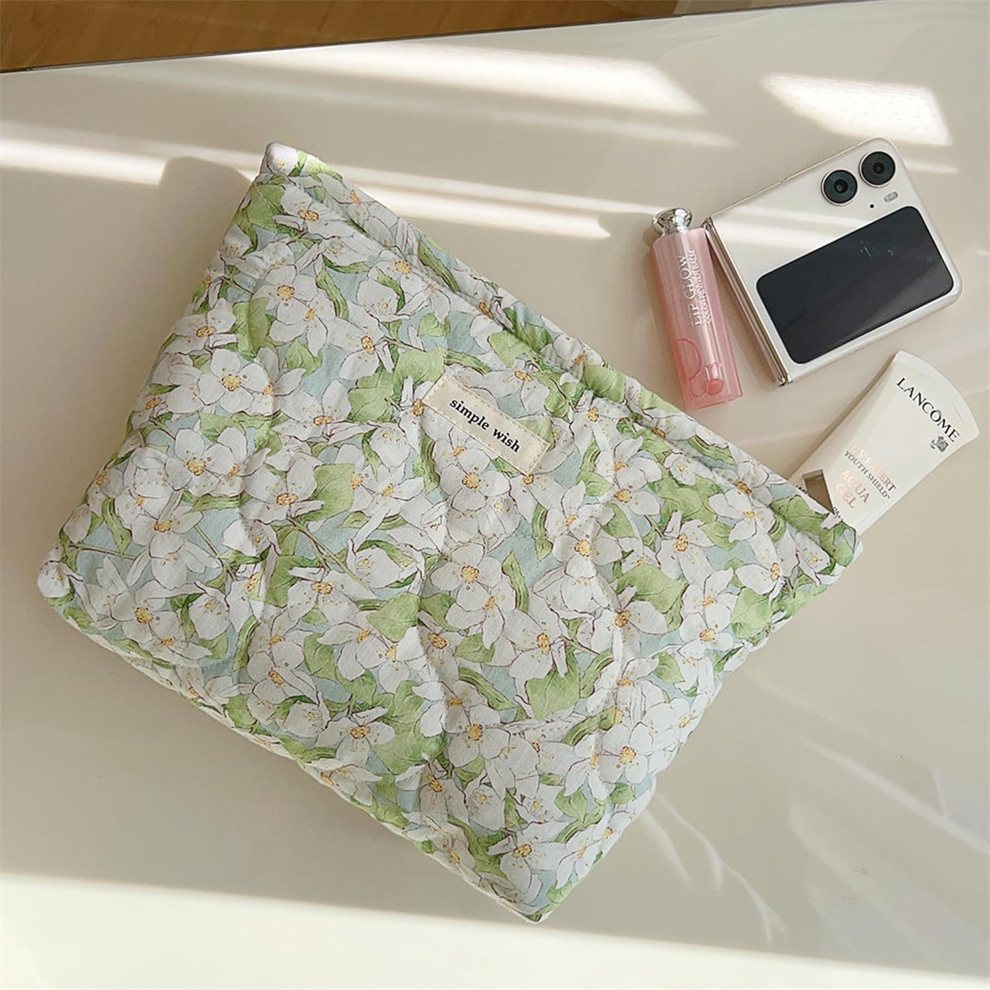 Sminra 2 Pcs Floral Makeup Bag Large Travel Cotton Quilted Cosmetic Makeup Bag Organizer, Cute Coquette Aesthetic Zipper Portable Pouch Purse Storage Toiletry Bag for Women Girls accessories, 03-Green