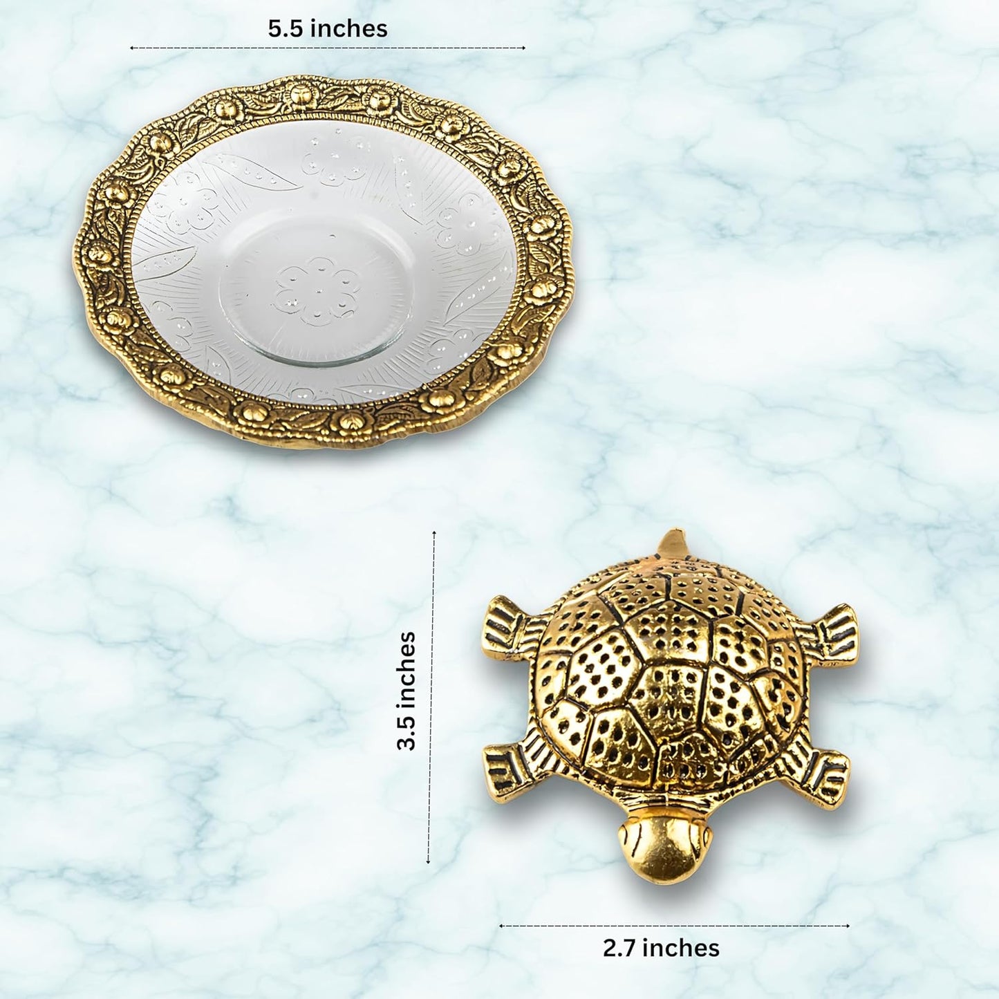 Wonder Care | Feng Shui Tortoise Statue Within Glass Plate Sculpted in Great Detail in Ivory Antique Finish - Idol for Car | Home Decor | Gift | (Turtle Plate 5")
