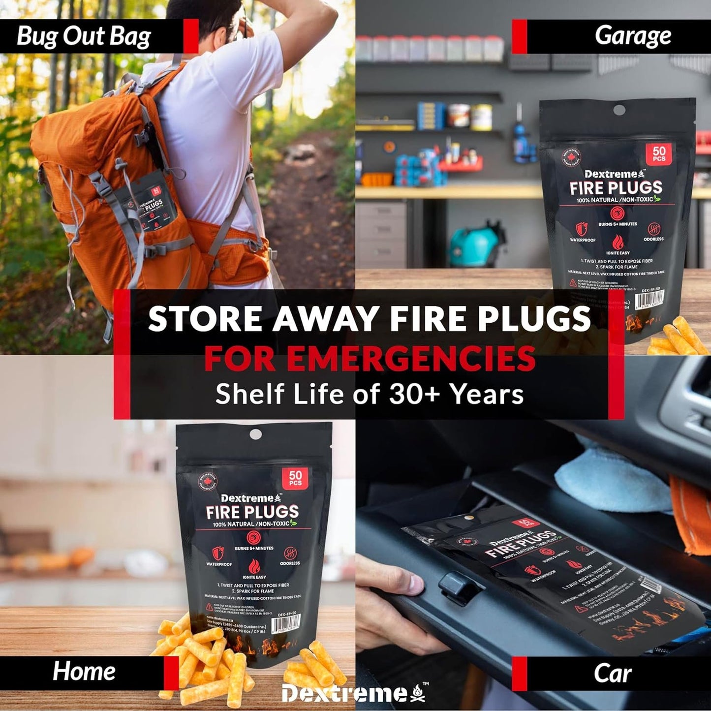 Dextreme Fire Plugs 50 Pcs Weatherproof Fire Starter for Campfires, Emergencies, Survival, Fire Pits, Grills | Can Light 50+ Fires | 5+ Minute Burn | All Natural | Made in Canada
