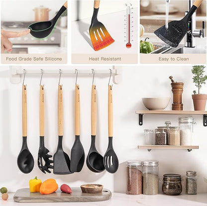 Astercook Kitchen Utensils set, 39 PCS Silicone Cooking Utensils Set with Wooden Handle, 446°F Heat Resistant Food Grade Utensil Sets, BPA Free Kitchen Gadgets Tools Set for Nonstick Cookware (Black)
