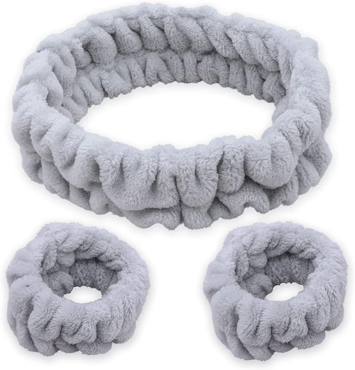 FROG SAC Puffy Spa Headband and Wristbands for Face Washing, Fuzzy Skincare Headbands for Women, Soft Makeup Skin Care Hair Accessories for Girls, Bubble Make Up Sleepover Party Supplies (Gray)