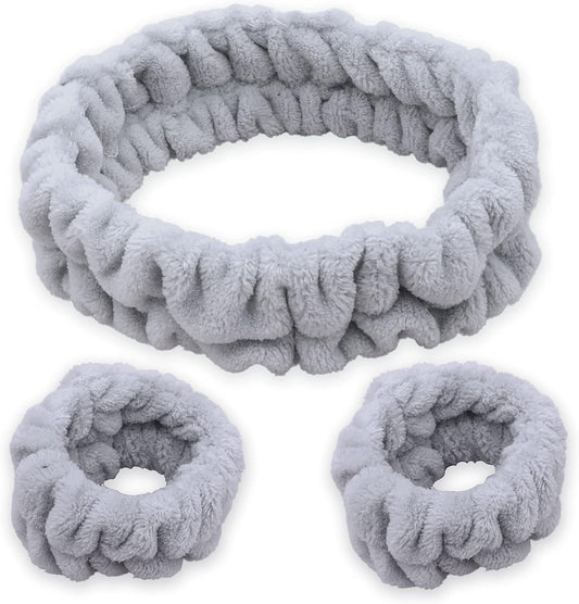 FROG SAC Puffy Spa Headband and Wristbands for Face Washing, Fuzzy Skincare Headbands for Women, Soft Makeup Skin Care Hair Accessories for Girls, Bubble Make Up Sleepover Party Supplies (Gray)