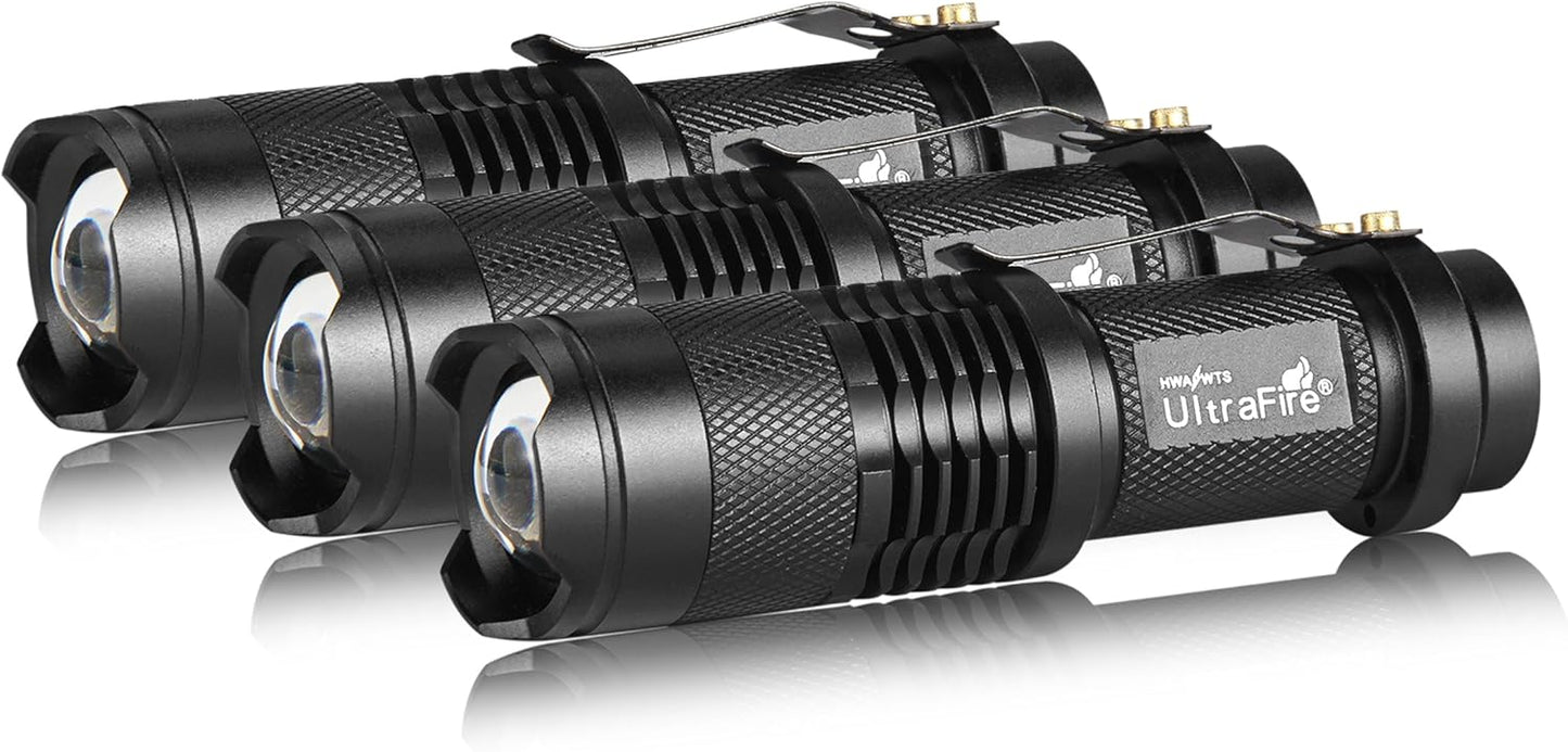 3 Pack UltraFire Mini Flashlights Focus Adjustable SK68 Single Mode Tactical LED Flashlight, Ultra Bright 300 Lumens Torch