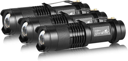 3 Pack UltraFire Mini Flashlights Focus Adjustable SK68 Single Mode Tactical LED Flashlight, Ultra Bright 300 Lumens Torch