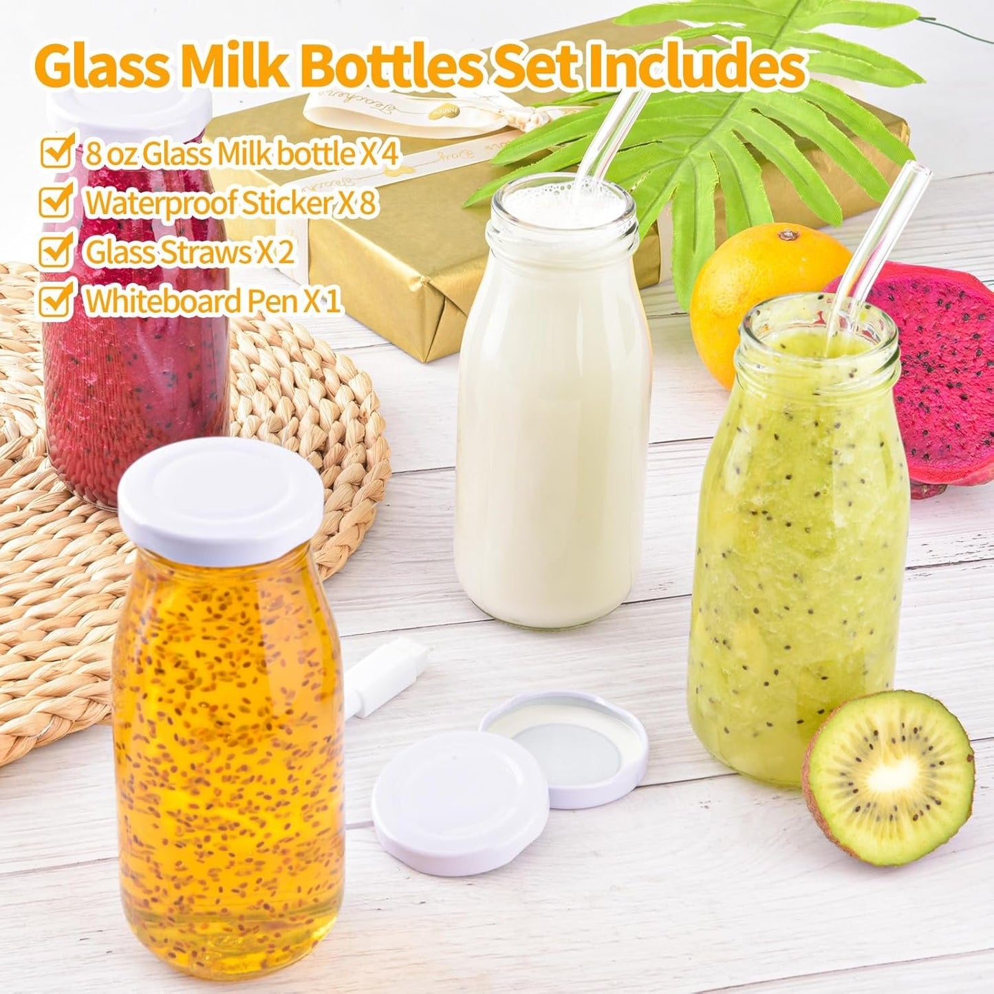 6Pcs 250ml Glass Milk Bottles with Lids, Small Glass Juice Bottles Reusable Glass Milk Jars Mini Milk Bottles with Lids，Glass Straws，Labels and Whiteboard Pen for Beverages, Weddings Decoration
